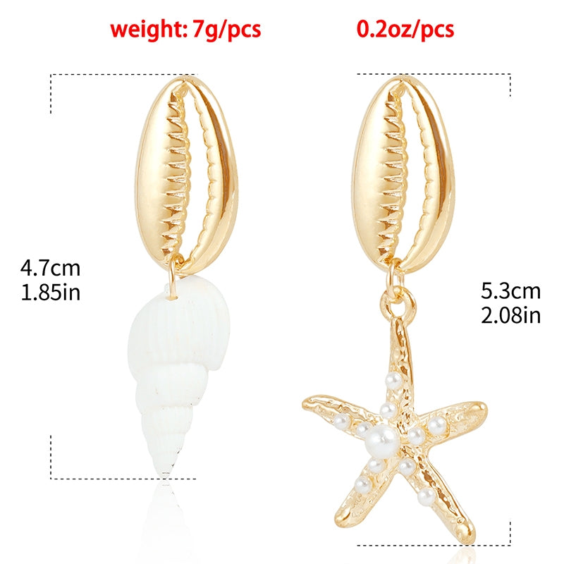 Bohemian Starfish Conch Shell Pearl Drop Earrings