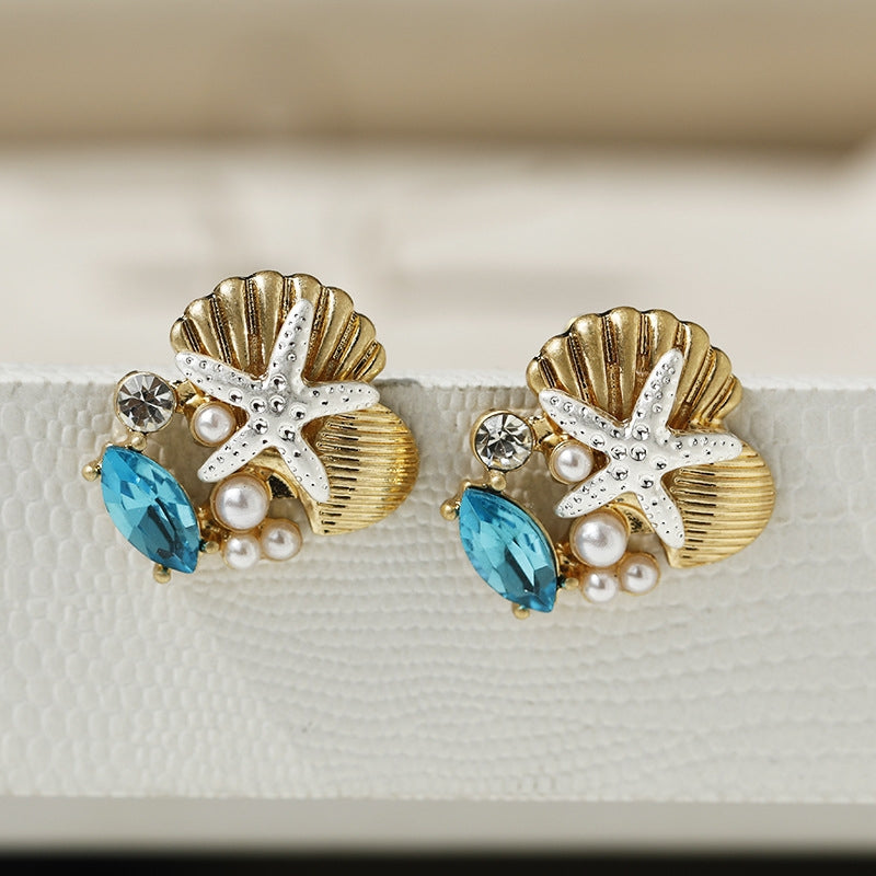 Marine Style Starfish Stud Earrings with Shell Pearls and Gemstones