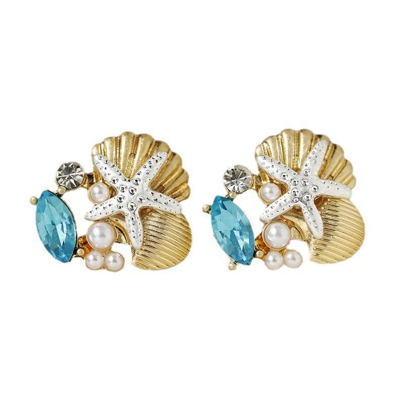 Marine Style Starfish Stud Earrings with Shell Pearls and Gemstones