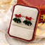 Vintage Gold Plated Bell Studs & Burgundy Flocked Flower Drop Earrings for Women