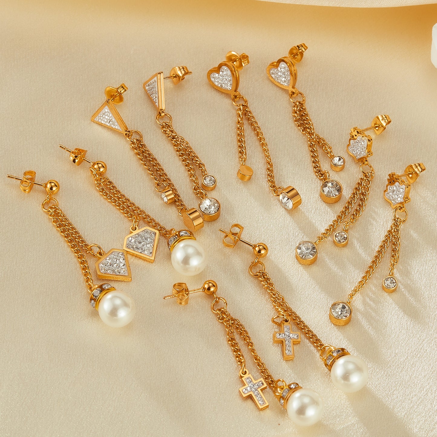 Vintage Cross Heart Crown Stainless Steel Pearl Zircon Drop Earrings Set