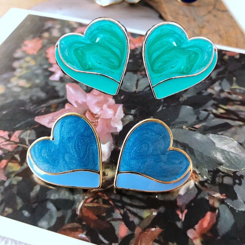 Vintage Heart Shape Alloy & Mystic Blue 925 Silver Stud Earrings with Enamel Flower Design