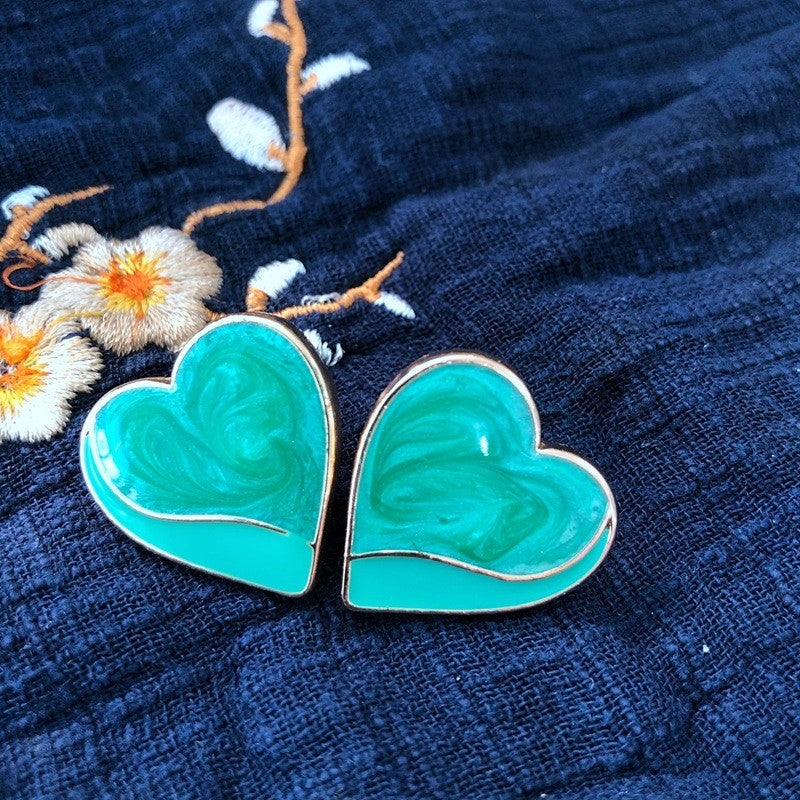 Vintage Heart Shape Alloy & Mystic Blue 925 Silver Stud Earrings with Enamel Flower Design