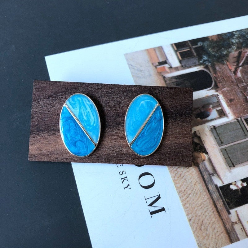 Vintage Oval Alloy Stud Earrings - Blue Enamel Geometric Design