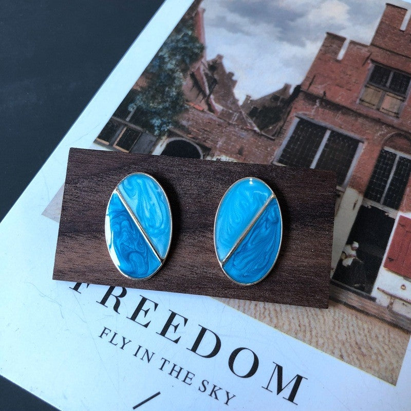 Vintage Oval Alloy Stud Earrings - Blue Enamel Geometric Design