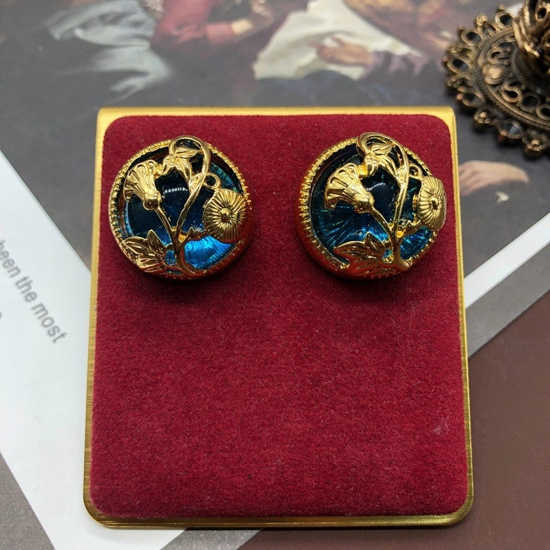 Vintage Round Alloy Glass Stud Earrings with Carved Floral Design and Colored Glass Pearls