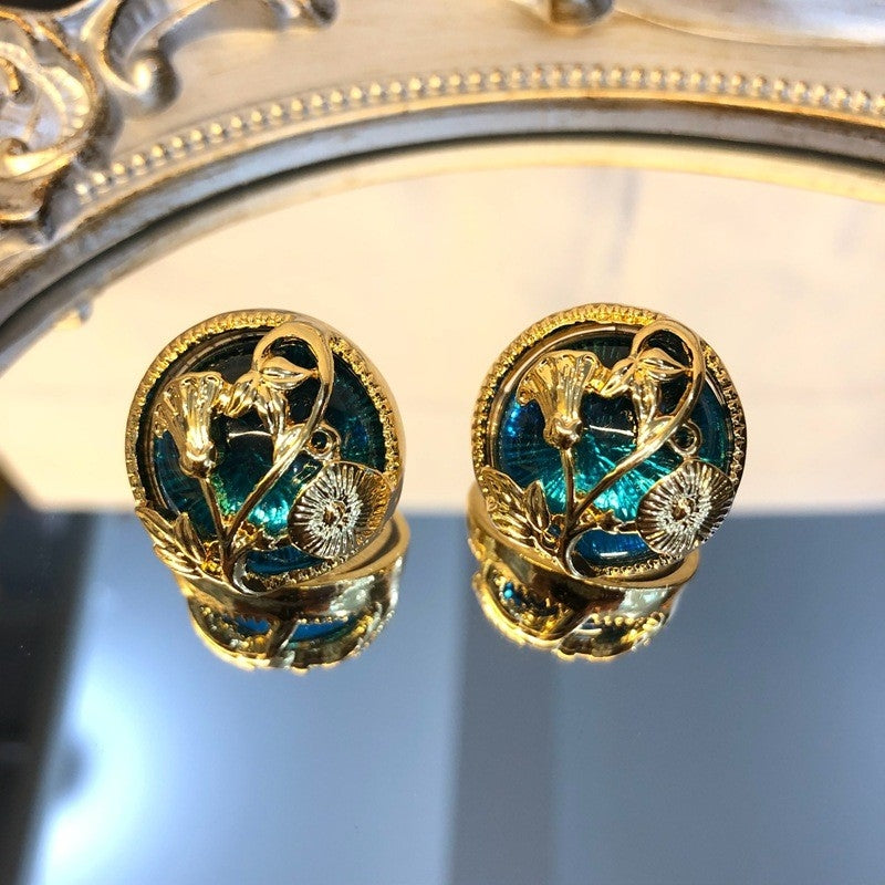 Vintage Round Alloy Glass Stud Earrings with Carved Floral Design and Colored Glass Pearls