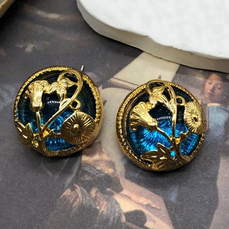 Vintage Round Alloy Glass Stud Earrings with Carved Floral Design and Colored Glass Pearls