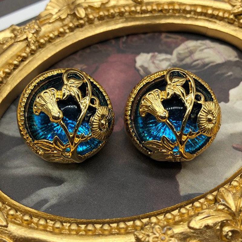 Vintage Round Alloy Glass Stud Earrings with Carved Floral Design and Colored Glass Pearls