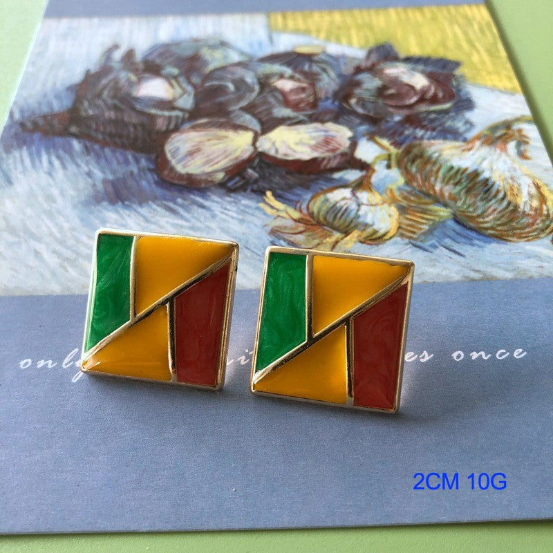Vintage Square Alloy & Botanical Pearl Geometric Drop Earrings