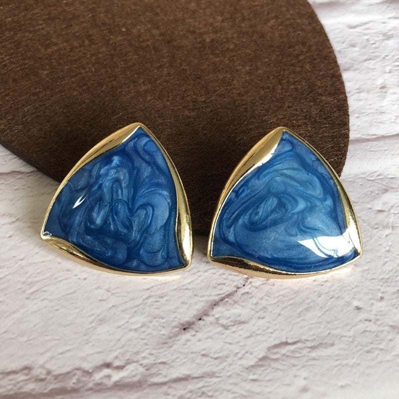 Vintage Triangle Alloy & Mystic Blue Enamel Resin 925 Silver Stud Earrings