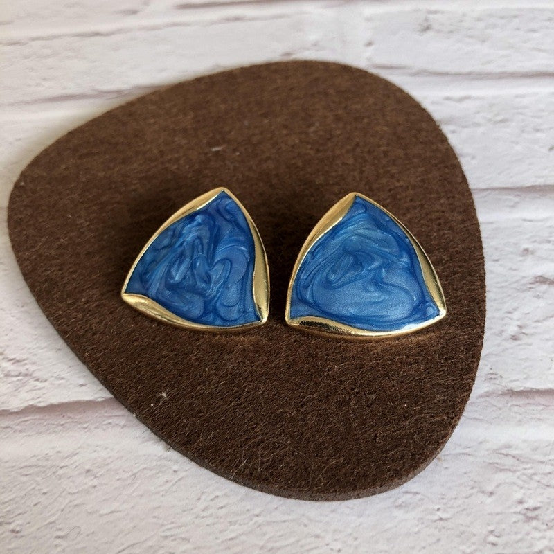 Vintage Triangle Alloy & Mystic Blue Enamel Resin 925 Silver Stud Earrings