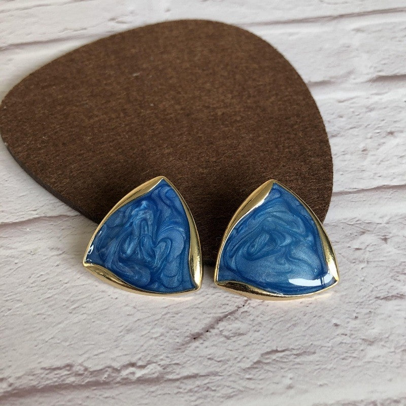 Vintage Triangle Alloy & Mystic Blue Enamel Resin 925 Silver Stud Earrings