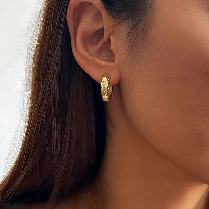 Vintage Hexagram Zircon Inlay 18k Gold Stainless Steel Hoop Earrings