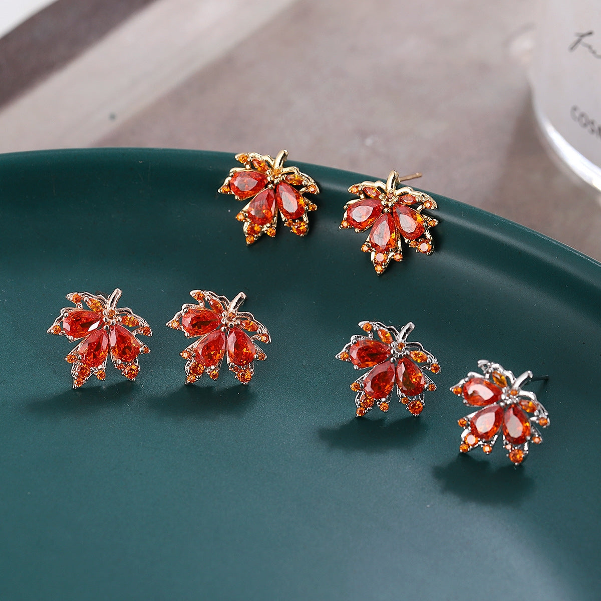 Vintage Leaf Alloy Stud Earrings - Red Maple Design, Elegant & Luxurious 2023 Collection