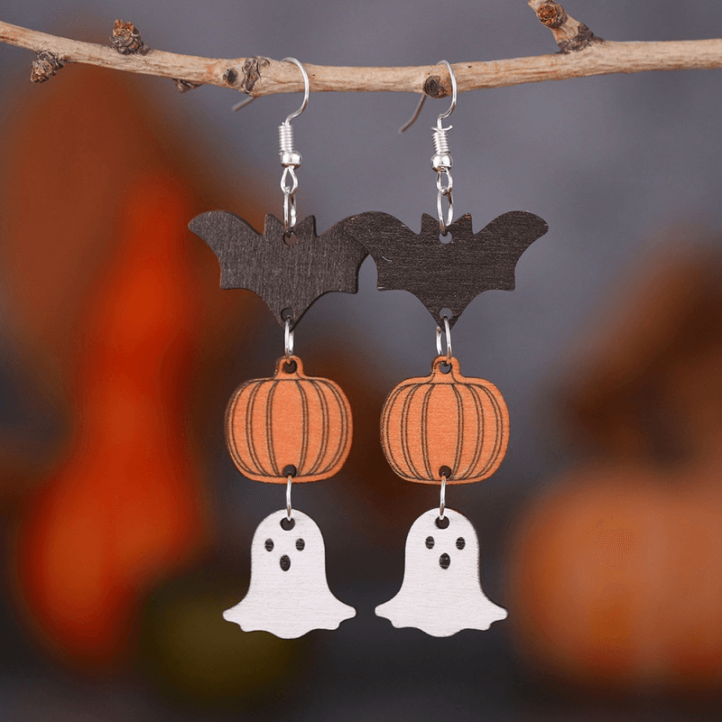 Vintage Pumpkin Patchwork Wood Ghost Bat Earrings