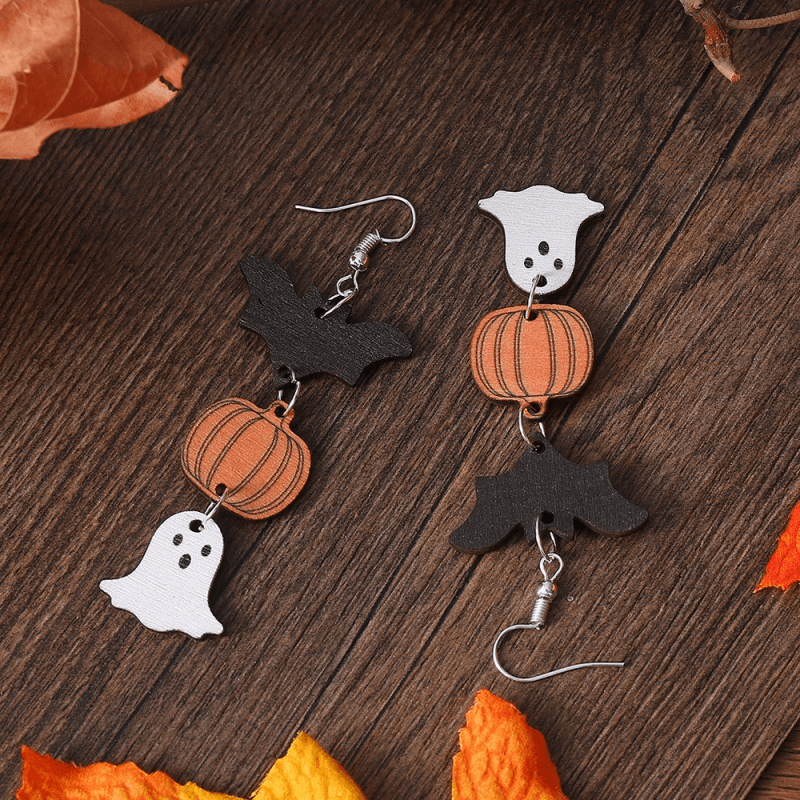 Vintage Pumpkin Patchwork Wood Ghost Bat Earrings
