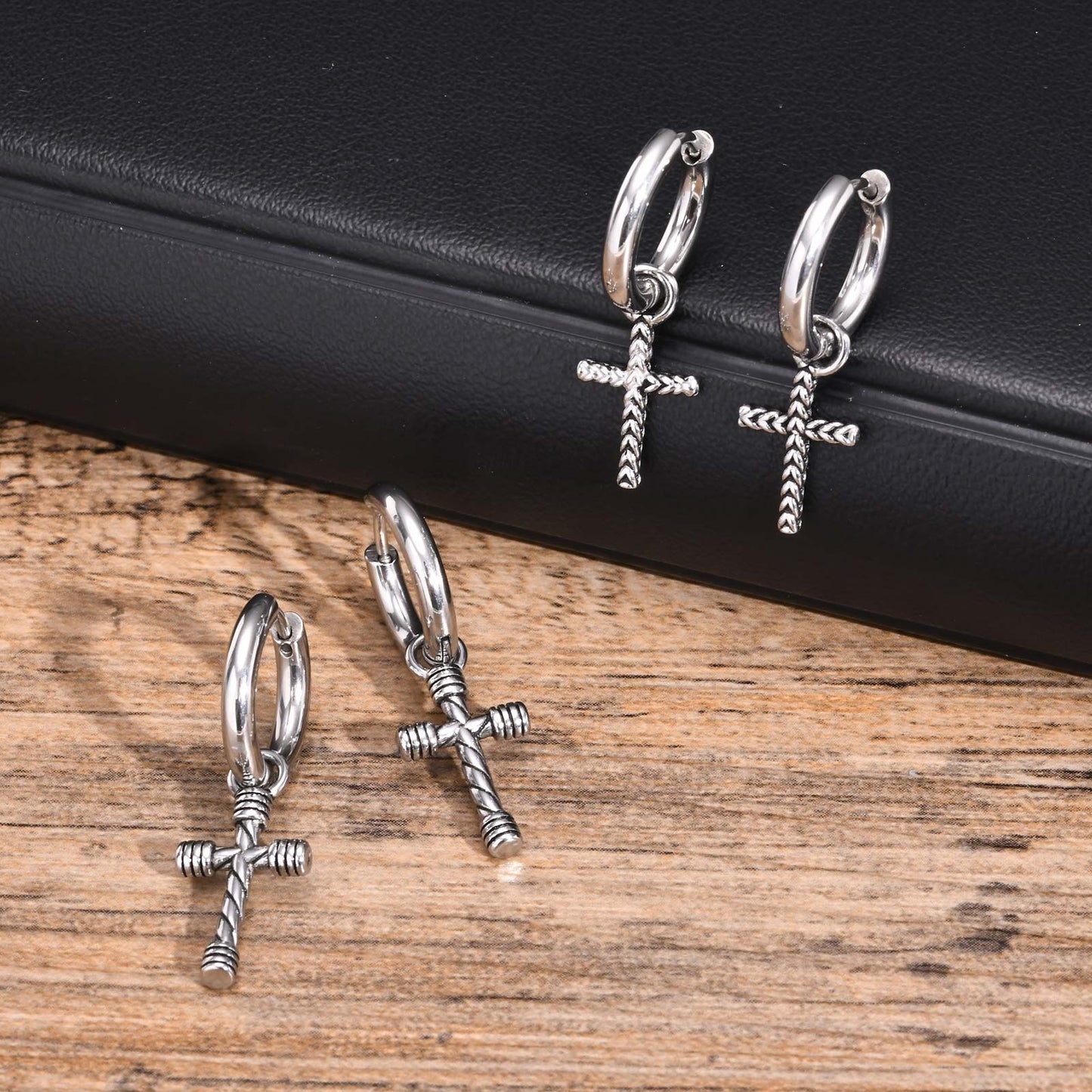 Vintage Punk Cross Stainless Steel Dangle Earrings for Men