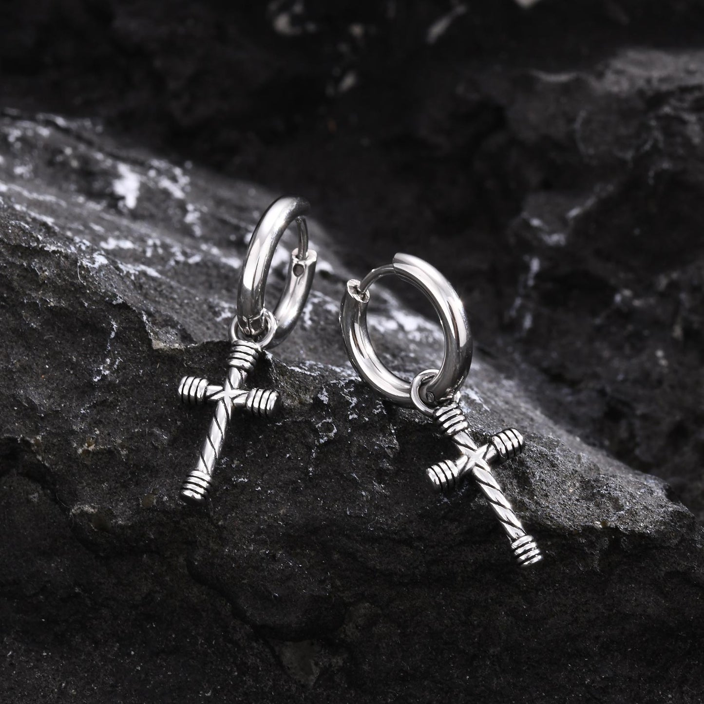 Vintage Punk Cross Stainless Steel Dangle Earrings for Men