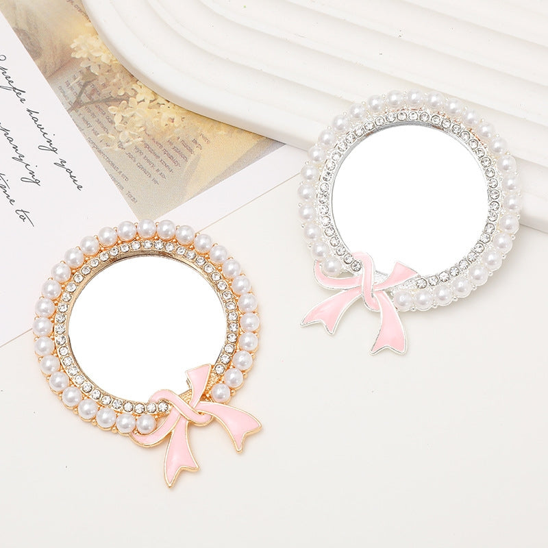 1 Piece 1 Pair 55*65mm Metal Rhinestones Pearl Bow Knot Polished DIY Accessories & Round Pearl Mirror Phone Decoration with Enamel Ribbon Makeup Mirror