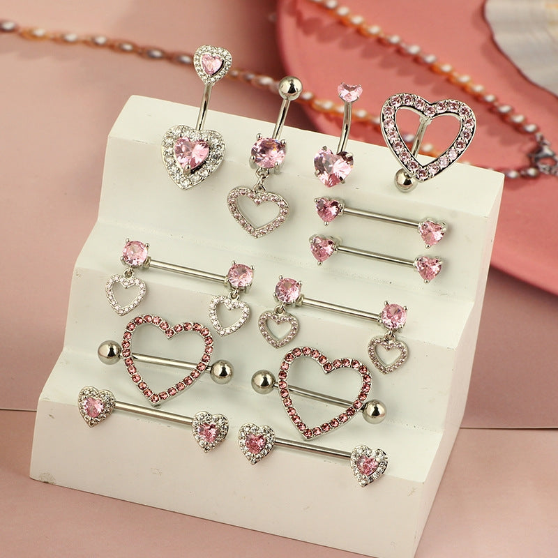 1 Piece Heart Shaped Zirconia Belly Rings Stainless Steel Inlay Rhinestones Pink Fashion Piercing Jewelry