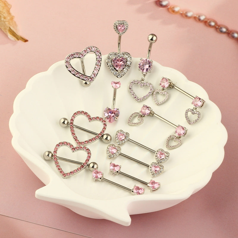 1 Piece Heart Shaped Zirconia Belly Rings Stainless Steel Inlay Rhinestones Pink Fashion Piercing Jewelry