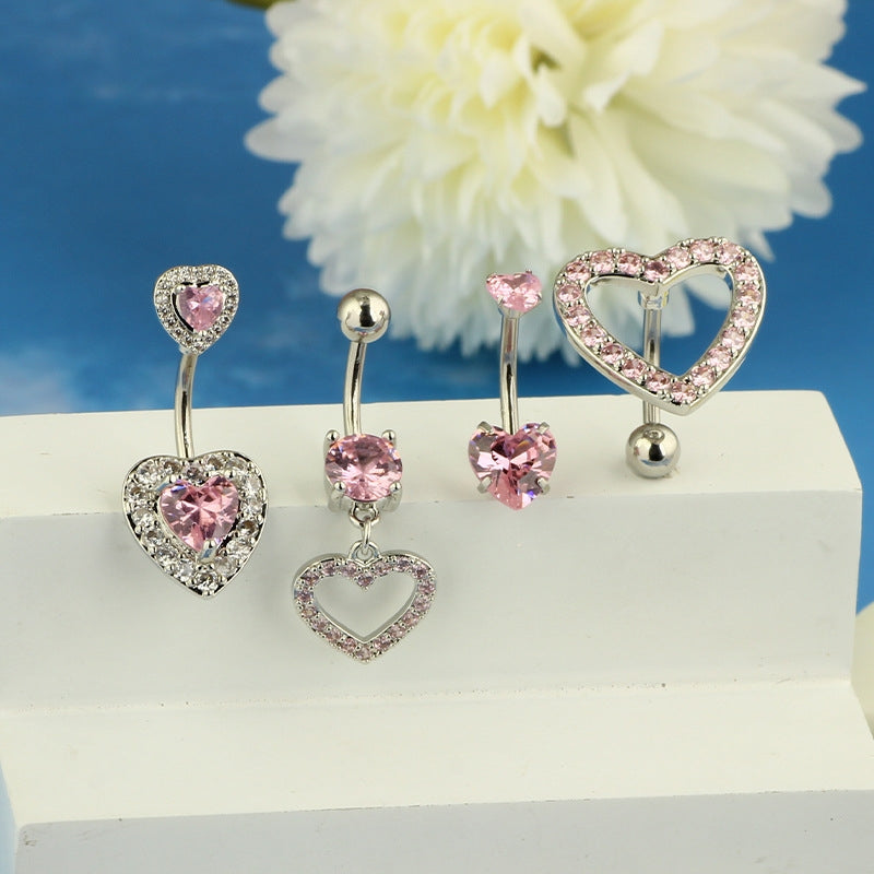 1 Piece Heart Shaped Zirconia Belly Rings Stainless Steel Inlay Rhinestones Pink Fashion Piercing Jewelry