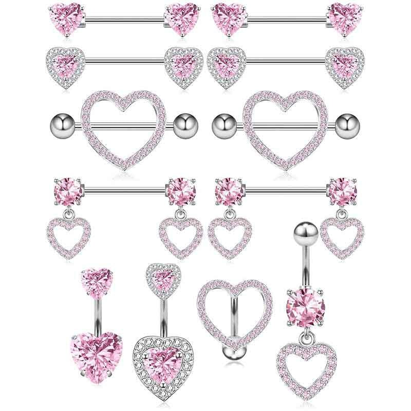 1 Piece Heart Shaped Zirconia Belly Rings Stainless Steel Inlay Rhinestones Pink Fashion Piercing Jewelry