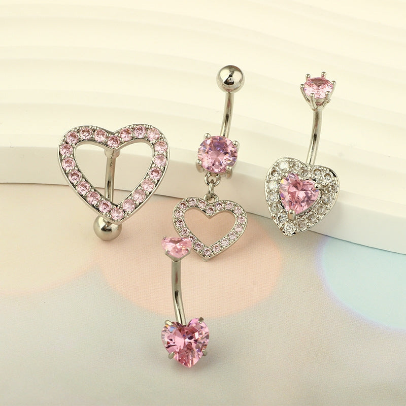 1 Piece 1 Set Belly Rings Hip-Hop Heart Shape 316 Stainless Steel  Inlay Zircon Belly Rings