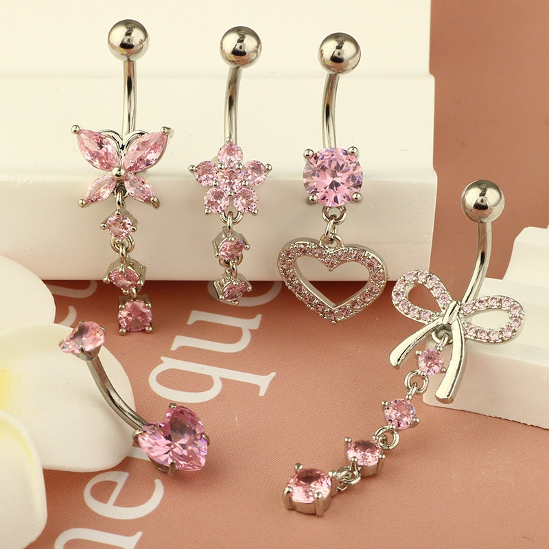 Heart Shape Zircon Inlay Stainless Steel Belly Ring Set