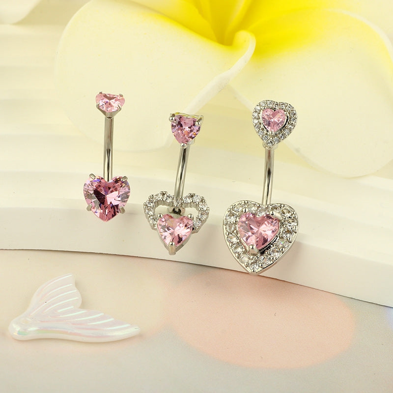 Heart Shape Zircon Inlay Stainless Steel Belly Ring Set