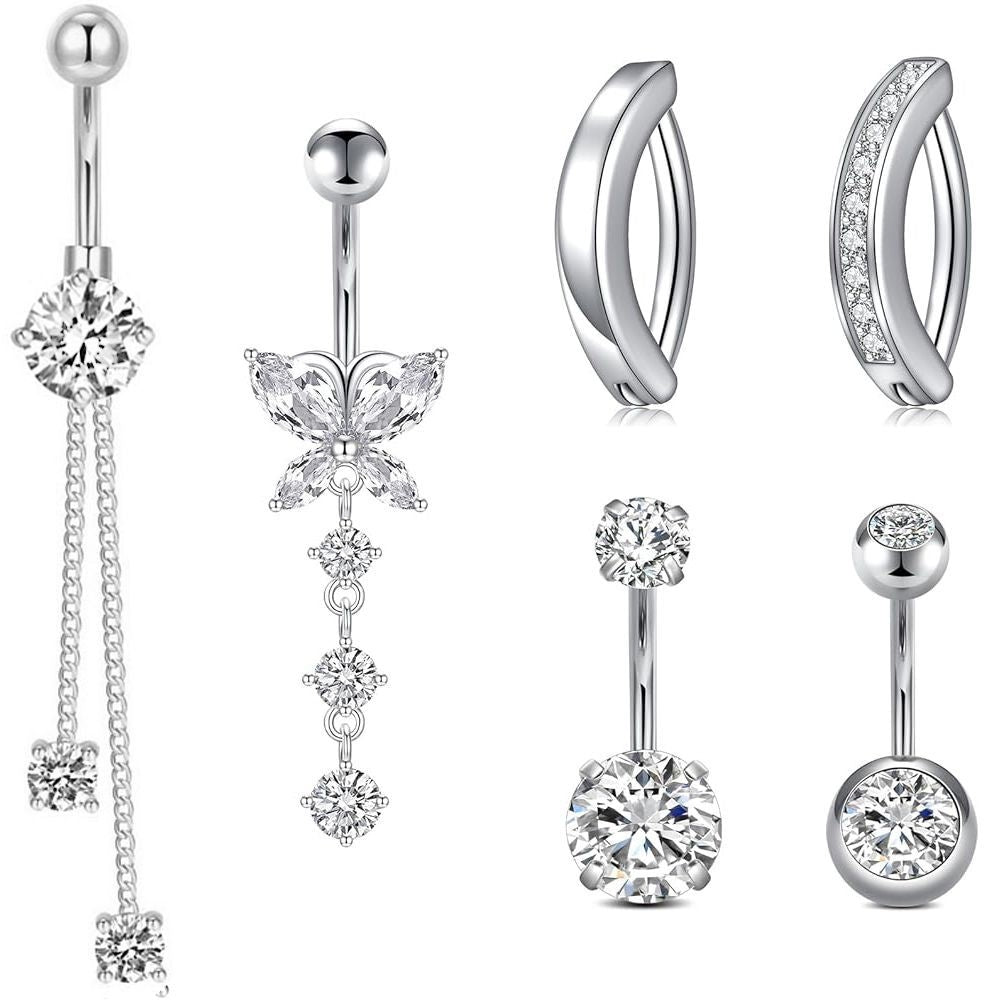 1 Piece Heart & Butterfly Zircon Inlay Stainless Steel Belly Ring Set