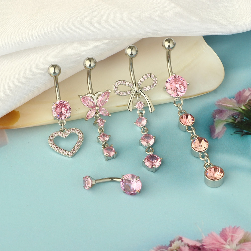 Shiny Heart & Butterfly Bow Zircon Inlaid Navel Rings - Stainless Steel & Copper