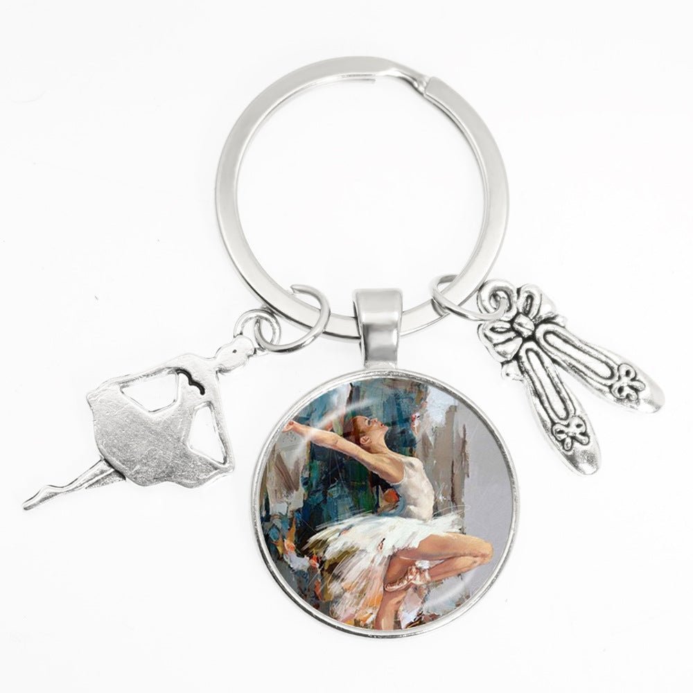 Artistic Ballet Dancer Round Alloy Metal Keychain Pendant