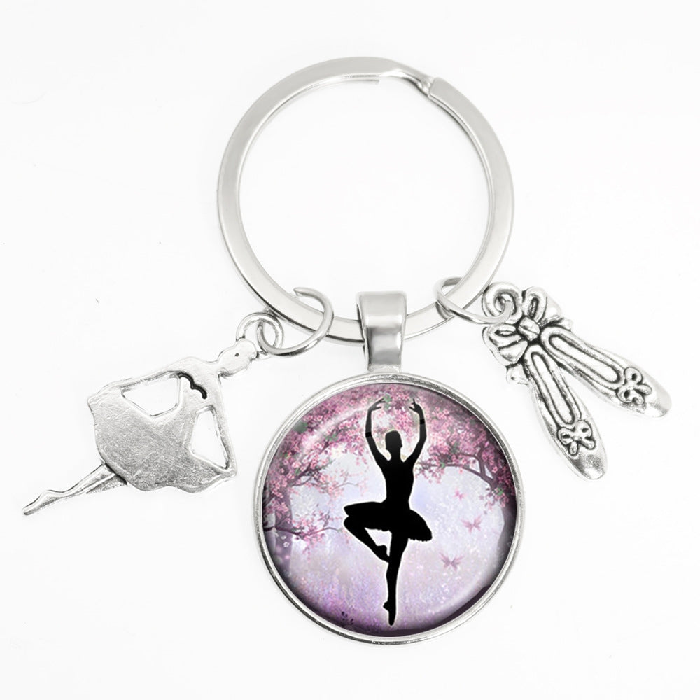 Artistic Ballet Dancer Round Alloy Metal Keychain Pendant