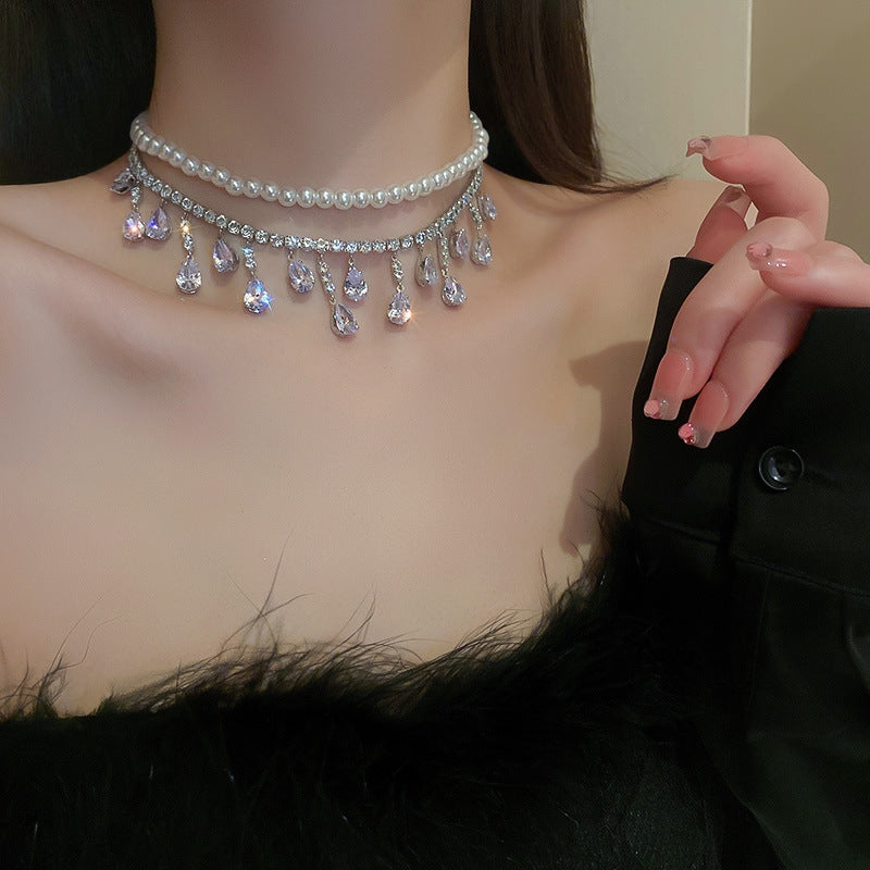 Baroque Water Droplet Rhinestone Pearl Zircon Layered Choker Necklace