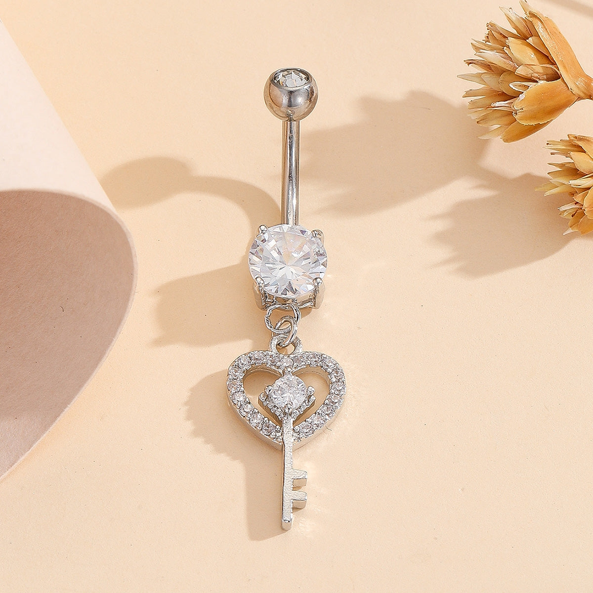 Stainless Steel Heart Key Belly Ring with Inlaid Rhinestones