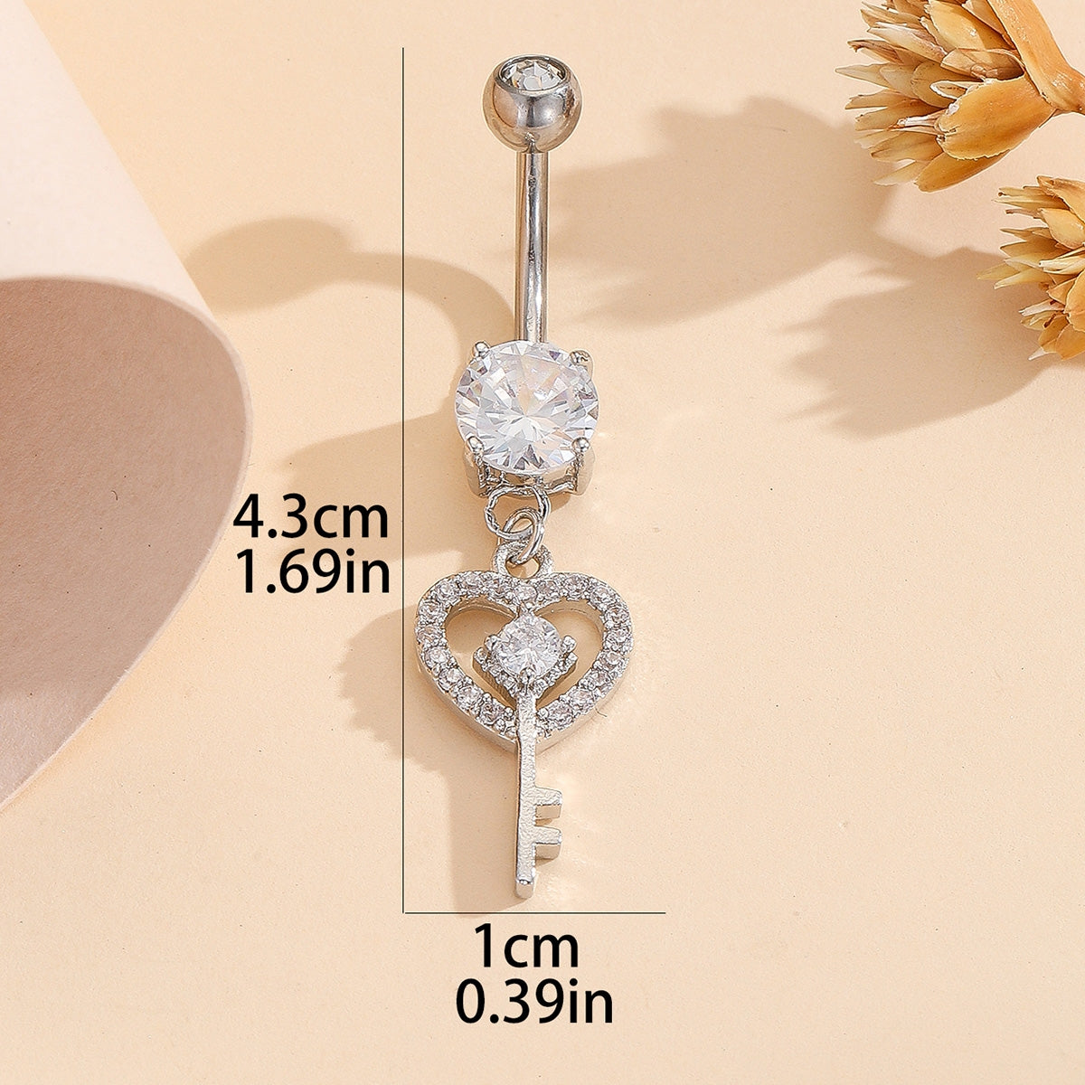 Stainless Steel Heart Key Belly Ring with Inlaid Rhinestones