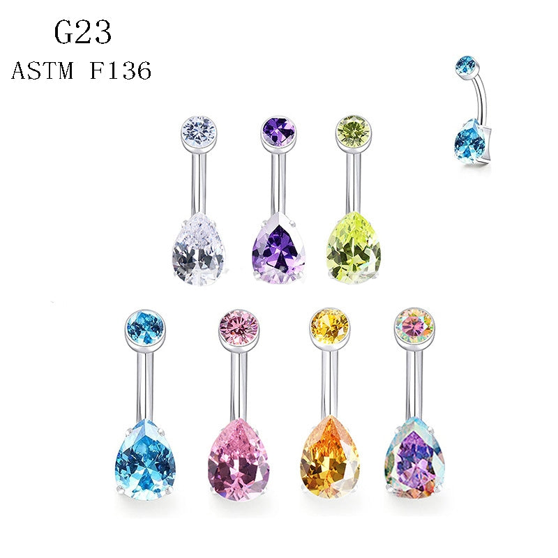 Solid Color Pure Titanium Zircon Inlay Teardrop Belly Ring