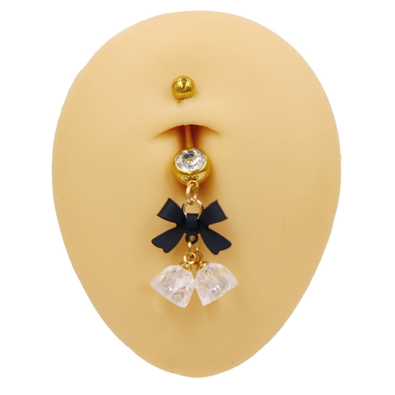 Belly Button Ring Bow Knot Bell Pendant 316 Stainless Steel with Rhinestones and Gold Plating