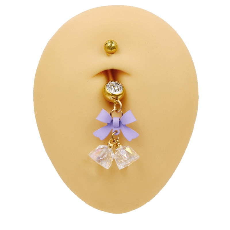 Belly Button Ring Bow Knot Bell Pendant 316 Stainless Steel with Rhinestones and Gold Plating