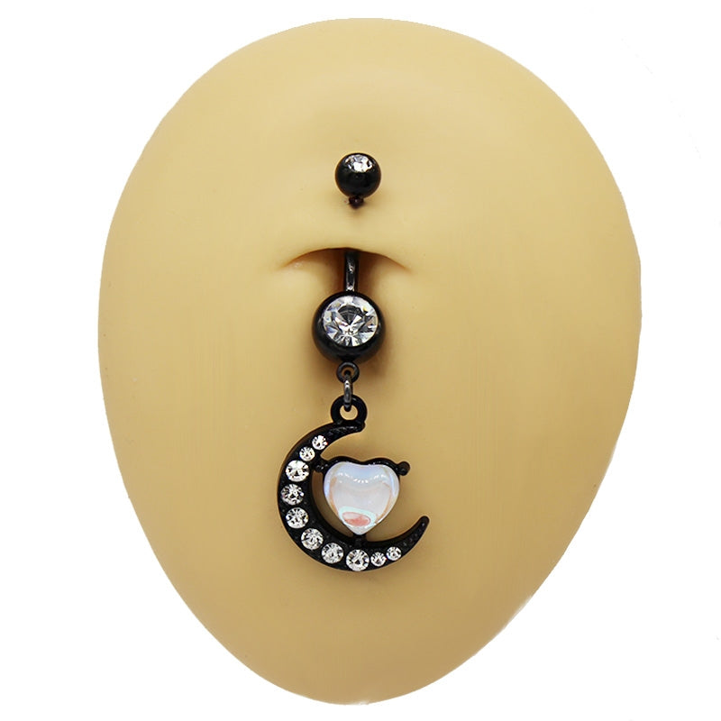 Moon & Heart Shaped Belly Ring with Rhinestones - White Gold Plated