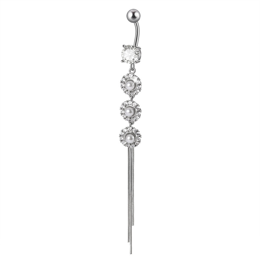 Geometric Stainless Steel Zircon Inlay Long Tassel Belly Ring with Faux Pearl