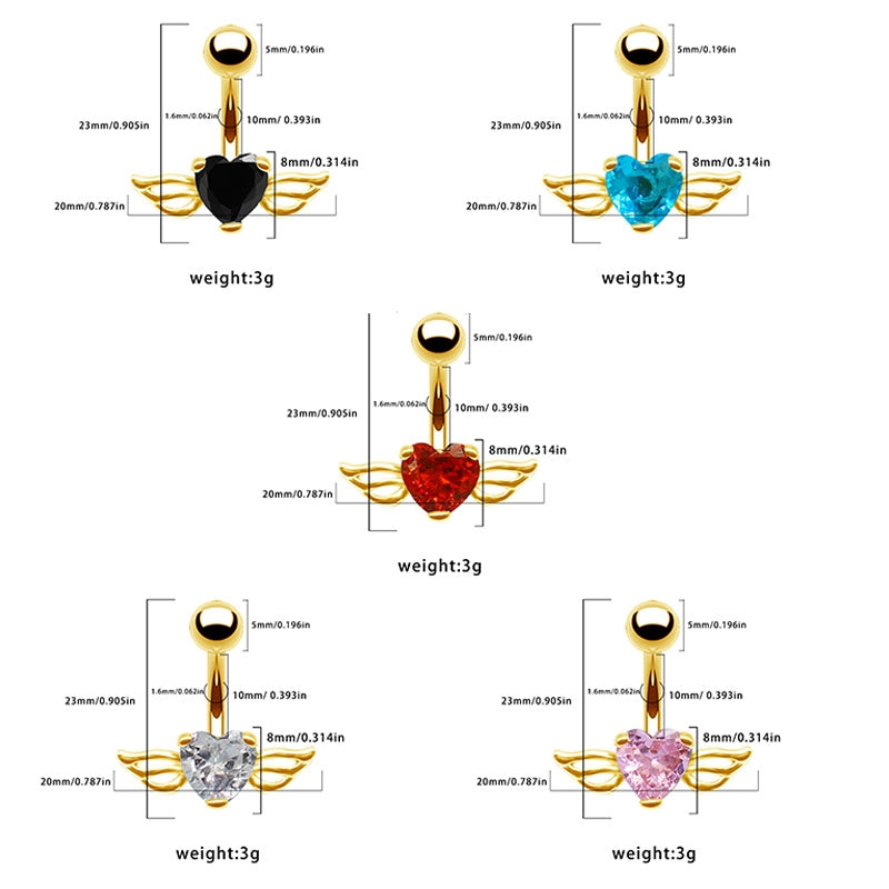 Heart Wing Zircon Navel Ring - Stainless Steel & Gold/Silver Plated