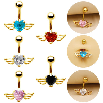 Heart Wing Zircon Navel Ring - Stainless Steel & Gold/Silver Plated