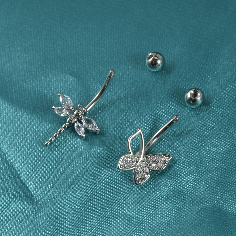 Dragonfly and Butterfly Zircon Inlay Stainless Steel Belly Ring