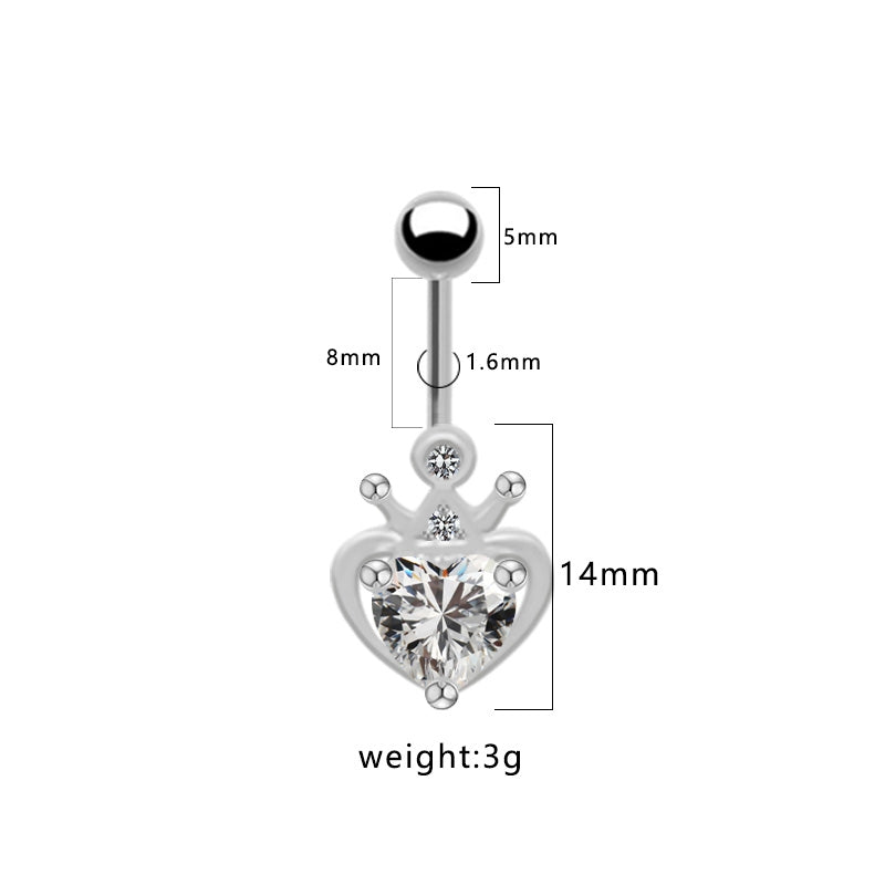 Heart Crown Belly Ring - Titanium Steel with Rhinestones and Gold Plating