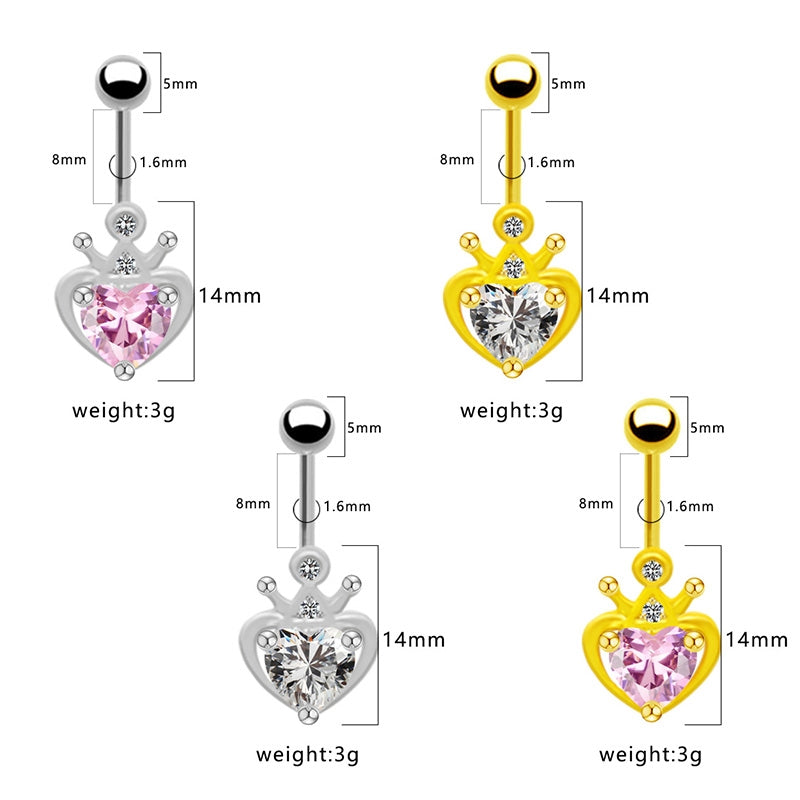 Heart Crown Belly Ring - Titanium Steel with Rhinestones and Gold Plating