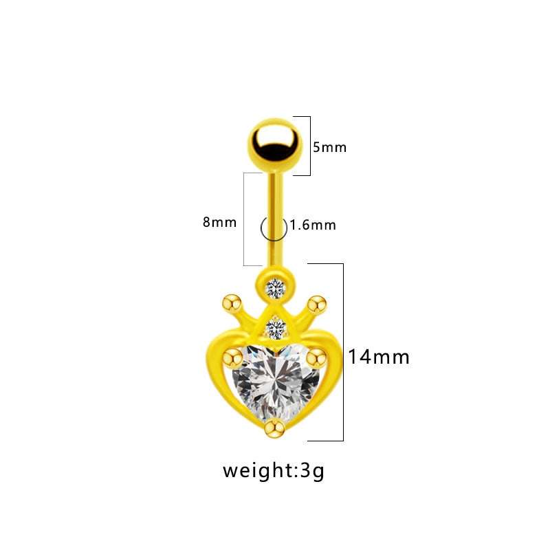 Heart Crown Belly Ring - Titanium Steel with Rhinestones and Gold Plating