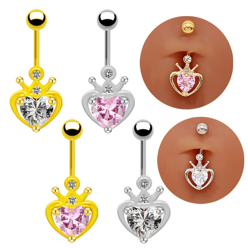 Heart Crown Belly Ring - Titanium Steel with Rhinestones and Gold Plating